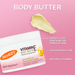 Palmer's Vitamine E body butter with product packaging on a pink background