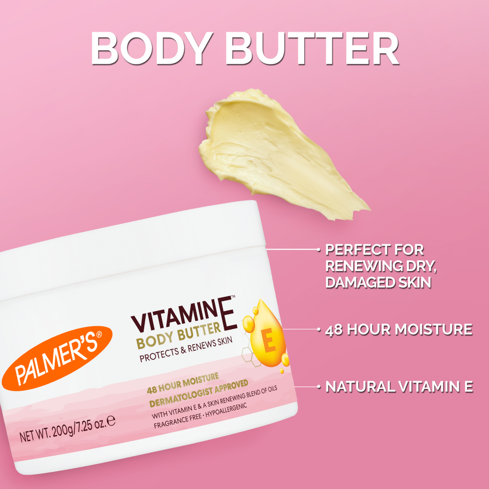 Palmer's Vitamine E body butter with product packaging on a pink background