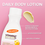 Palmer's Vitamin E body lotion bottle with pink background and text highlighting benefits