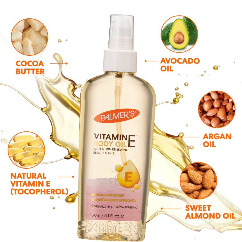  Palmer's Vitamin E body oil bottle with ingredients displayed around it on a white background