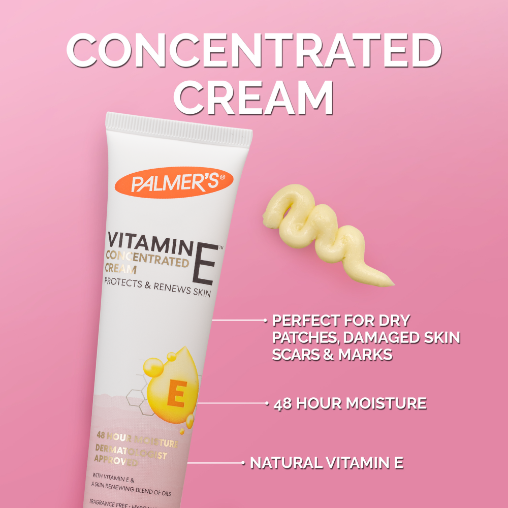 Palmer's Vitamin E Concentrated Cream tube on a pink background with text highlighting benefits.